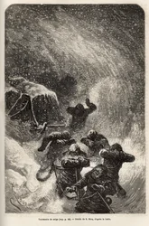 La tripulación del barco La Germania, descendida sobre el hielo para una partida de caza, fue sorprendida por una tormenta de nieve durante el remolque del trineo que contenía su material, grabado según el dibujo de E. Riou, ilustrando un viaje al Polo Nor