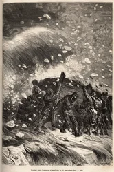 El bote de la tripulación atrapado en una terrible tempestad, los hombres sin cuerdas y garfios sostienen su bote con la fuerza de sus brazos, grabado después de un dibujo de E.Riou, ilustrando la historia del Polaris, balsa de hielo, por el Teniente Tyson