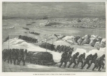 La partida de los trineos Alert, barco de la expedición polar, dibujo de Riou, para ilustrar la historia de un viaje al mar polar en 1875-1876, por el Capitán G.S.Nares. Grabado en Le tour du monde