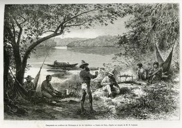 El campamento de los exploradores, en la confluencia del Orenoque y el río Cabullero. Grabado por Riou, para ilustrar el viaje de exploración por Nueva Granada y Venezuela, por el Doctor Crevaux, médico de primera clase de la marina y E. Lejeanne, farmacéu