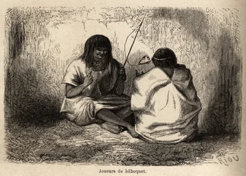 El juego del bilboquet, con cabeza de tortuga, entre los indios Conibos de Perú, dibujo de Riou para ilustrar el viaje, de 1848 a 1860, de P. Marcoy, del Océano Pacífico al Océano Atlántico. Grabado en "Le tour du monde", editado por Edouard Charton