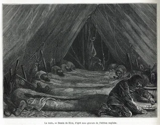 El interior de la tienda en el témpano de hielo, ilustración de la historia de un viaje al mar polar en 1875-1876, por el Capitán G.S. Nares (1831-1915). Grabado en Le tour du monde