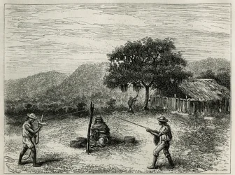 La fabricación de la cabuya, cuerda de Fourcroya, cerca de Cartago (Colombia), grabado de Riou, para ilustrar la historia de América Equinoccial por E.Andre, misión asignada por el gobierno francés, publicada en el tour du monde, bajo la dirección de E
