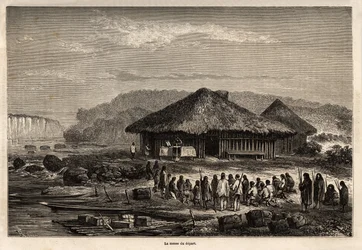 La misa de la partida en Echarati (Perú), asistida por los nativos convertidos, dibujo de Riou, ilustrando el viaje de Paul Marcoy del Océano Pacífico al Océano Atlántico de 1848 a 1860. Grabado en "Le tour du monde", editado por Edouard Charton