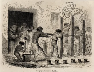 La preparación de fuegos artificiales en Sarayacu (Perú), dibujo de Riou, para ilustrar el viaje de Paul Marcoy del Océano Pacífico al Océano Atlántico de 1848 a 1860. Grabado en "Le tour du monde", editado por Edouard Charton