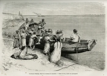 El inicio de los buscadores de caucho, en las cercanías de Tabatinga (región del alto Amazonas). Grabado por Riou, para ilustrar la historia de Cayena a los Andes, por Jules Crevaux, médico de la marina francesa, en 1878-1879, publicado en Le tour du monde