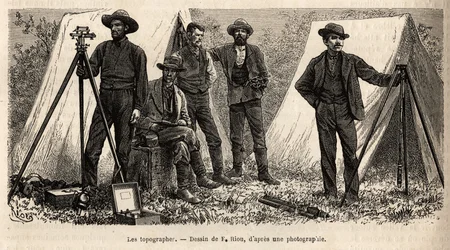 El equipo de topógrafos con su material, de la misión geológica estadounidense, grabado según el dibujo de F. Riou, que ilustra una serie de misiones geográficas a través del Parque Nacional de los Estados Unidos, de 1870 a 1872, por los señores Hayden
