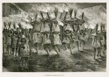 La caminata con antorchas por las calles de San José, dibujo de E.Riou, para ilustrar el viaje en la región de Titicaca y los valles del este del Bajo Perú, en 1873 por Paul Marcoy. Grabado en Le tour du monde
