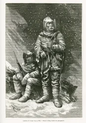 El traje de viaje del teniente Payer y el teniente Weyprecht, varias capas de ropa para combatir las tormentas de nieve, una chaqueta de cuero retráctil para proteger la cara del frío, botas y mitones hechos de velo y franela y gafas pesadas. Grabado según