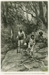 El viajero desplegando la bandera tricolor en las fuentes del Orinoco. Grabado de Riou, para ilustrar la historia Viaje a las fuentes del Orinoco, en 1886-1887, por Jean Chaffanjon, asignado por el ministerio de educación pública, en Le Tour du monde 1888,