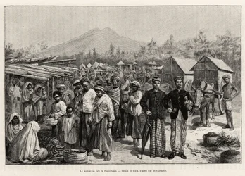 El paseo en Pager Alam Cafe (Malasia). Grabado por Riou para ilustrar la historia “un año en Malasia” de Jules Claine (1856-1939)