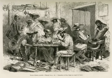 Los trabajos de historia natural, en Chipaque (Colombia), la preparación de la desecación de plantas para herbario, bajo la mirada curiosa de los indios, dibujo de E.Riou, para ilustrar el viaje a América equinoccial (Colombia, Ecuador, Perú), en 1875-1