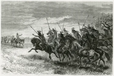 Indios Tobas (de la región del Chaco, entre Paraguay y Bolivia) negándose a pasar a la columna de la expedición Thouar. Grabado por Riou, para ilustrar la historia "En busca de los restos de la misión Crevaux", en 1884, por A. Thouar (1853- desaparecido