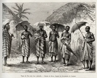 Tipo de tono con su paraguas. Grabado por Riou, para ilustrar la historia “Del Níger al Golfo de Guinea” por el Capitán Louis Gustave Binger, en 1887-1889, en Le tour du monde, nuevo diario de viajes, bajo la dirección de Edouard Charton