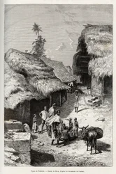 Tipos de Pakhala (Costa de Marfil). Grabado de Riou, para ilustrar la historia Desde el Níger hasta el Golfo de Guinea por el Capitán Louis Gustave Binger (1856-1936), en 1887-1889, en Le tour du monde, nuevo diario de viajes, bajo la dirección de Edouard 