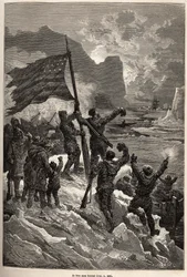 La tripulación de Tyson, después de varios días a la deriva en un iceberg, finalmente vio un ballenero y ondeó la bandera estadounidense para ser vistos y salvados, grabado según un dibujo de E.Riou, ilustrando la historia del Polaris, balsa de hielo, por 