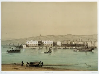 Vista del Canal en "Inauguración del Canal de Suez" por G. Nicole. 1869