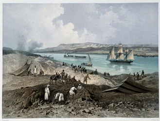 Vista del canal en Inauguración del Canal de Suez por G. Nicole. 1869