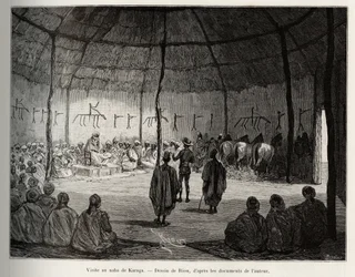 Visita al Naba de Karaga (Ghana). Grabado de Riou, para ilustrar la historia Desde el Níger hasta el Golfo de Guinea por el Capitán Louis Gustave Binger (1856-1936), en 1887-1889, en Le tour du monde, nuevo diario de viajes, bajo la dirección de Edouar