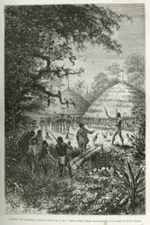 Yacouman, jefe Roucouyenne, tribu de Guayana en las orillas del Oyapock, ahuyentando al diablo, camina por el pueblo después del nacimiento de un niño, rociando un líquido blanco lechoso con un pincel de plumas, grabado según un dibujo de Riou, para ilustr