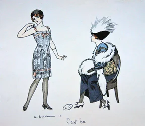 Maniquí mostrando una combinación a un cliente, c.1912