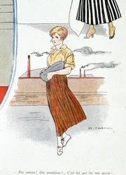 Mujer haciendo municiones para la guerra 1914-1918. “¡Camiones! ¡Municiones! ¡Él los envía!” En “Bayonet”, el 25/11/1915 (grabado)