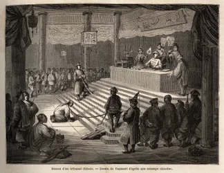 Un tribunal chino, el acusado aparece en el tribunal rodeado por un gendarme que lo mantiene encadenado y su carnicero, dibujo de Vaumort (? -1886), para ilustrar el viaje de Shanghái a Moscú, de 1859 a 1862, de M. de Bourboulon, ministro francés en China