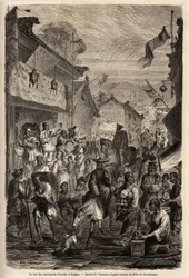 La calle de los comerciantes de ropa, Kalgan, Mongolia. Dibujo de Vaumort (? -1886), para ilustrar el viaje de Shanghái a Moscú, de 1859 a 1862, de M. de Bourboulon, ministro francés en China. Grabado en “Le tour du monde”, editado por Edouard Charton