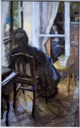 En la ventana Mujer leyendo un libro y mirando por la ventana