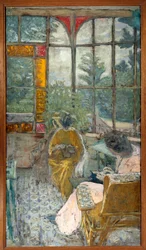 Dos mujeres bordando bajo una veranda. Lucie Hessel y la actriz Marthe Mellot