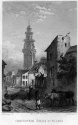 Vista de Landerneau y la Iglesia de San Tomás, Finisterre, Bretaña, Francia. Grabado por Willmann en "La France ancienne et moderne" de Jean-Bernard Mary-Lafon