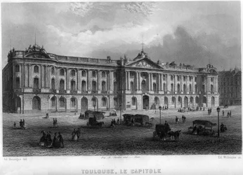 Vista del capitolio de la ciudad de Toulouse, Haute-Garonne, Midi-Pyrénées, Francia. Grabado por Willmann en "La France ancienne et moderne" de Jean-Bernard Mary-Lafon