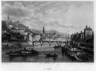 Vista de la ciudad de Lyon, departamento del Ródano, región de Ródano-Alpes, Francia. Grabado de Willmann en 