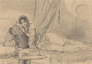 Mujer del Medio Oriente reclinada en un entorno exótico