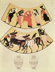 Diseños de un jarrón etrusco que representan una procesión de sacerdotes y la delimitación de una nueva ciudad usando un arado tirado por bueyes