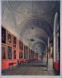 El Nuevo Ermitage, La Galería Romanov, Sitio Norte (El Nuevo Ermitage, La Galería Romanov, Sitio Norte). Obra de Eduard (Edouard) Hau (1807-1887), acuarela sobre papel 1864. Arte ruso del siglo XIX. Hermitage Estatal de San Petersburgo.
