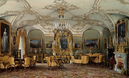 Vista del Salón de Alexandra Fyodorovna (Fedorovna o Feodorovna o Carlota de Prusia (1798-1860)), esposa del zar Nicolás I en el Palacio de Gatchina