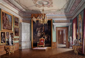 Vista de la sala del trono de Pablo I (1754-1801) en Gatchina, en el centro el retrato de Pedro I