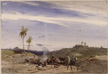 Camino hacia Quititte; en primer plano, afrobrasileños descansando y una carreta tirada por bueyes