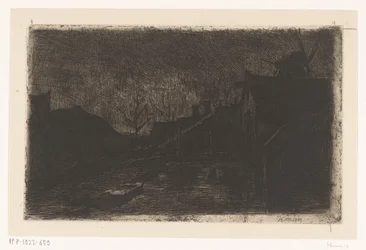 Paisaje con casas y molino de noche