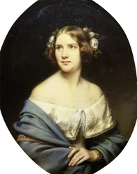 Retrato de Jenny Lind, de pie medio cuerpo en un vestido blanco y un chal azul claro
