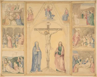 Cristo en la cruz con seis escenas de la vida de Cristo