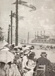 Carreras de caballos en las fiestas de Pompeya, Pompeya, Italia, grabado a partir de un dibujo de Edoardo Dalbono, de L