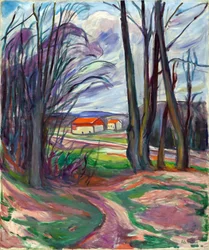 Paisaje en Skoyen (Oslo, Noruega). Pintura de Edvard Munch (1863-1944), óleo sobre lienzo, hacia 1920. Arte noruego, siglo XX, expresionismo. Colección privada.