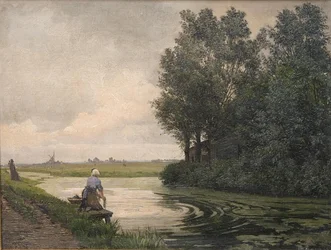 Paisaje holandés. Una niña lavando en un canal