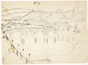 Vista desde una ventana en Lungarno sobre el río hacia Santo Spirito y las colinas de San Miniato, Florencia