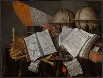 Una naturaleza muerta de vanitas con una bandera, candelabro, instrumentos musicales, libros, material de escritura, globos y reloj de arena