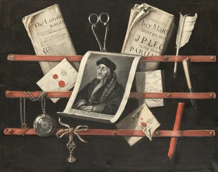Un trampantojo de letras, un grabado sobre un retrato de Erasmo de Rotterdam (1466-1536), una pluma, un reloj de bolsillo, una barra de cera roja y otros objetos (óleo sobre lienzo)
