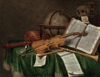 Bodegón de vanitas con un globo astrológico, un violín, una calavera, un reloj de arena, un libro abierto, una partitura, un reloj, un laúd y otros instrumentos musicales sobre una mesa con tela, 1680s