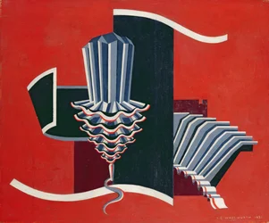 Composición sobre fondo rojo